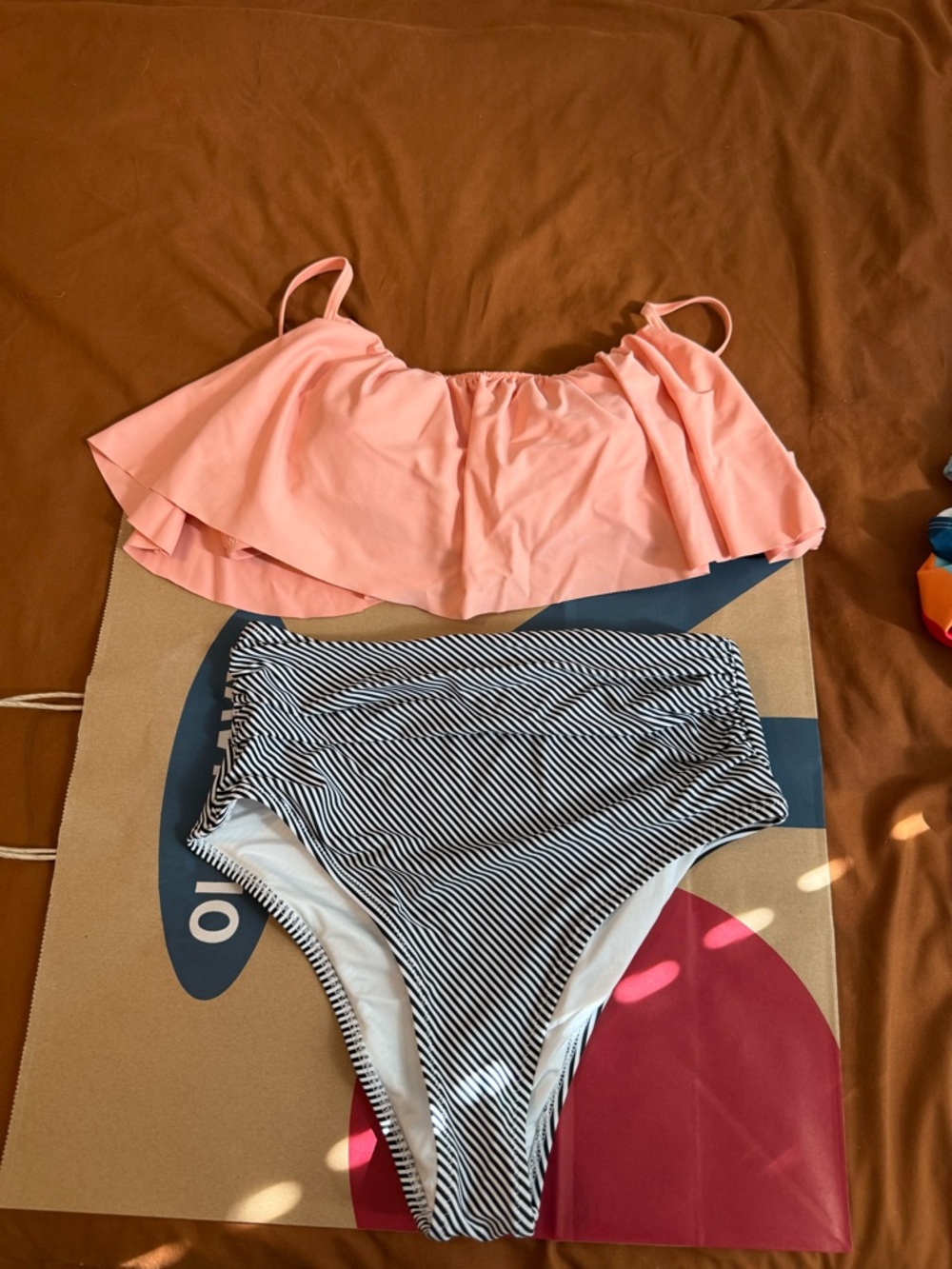 Peach Ruffle Bikini Top with Black & White High-Waist Striped Bottom